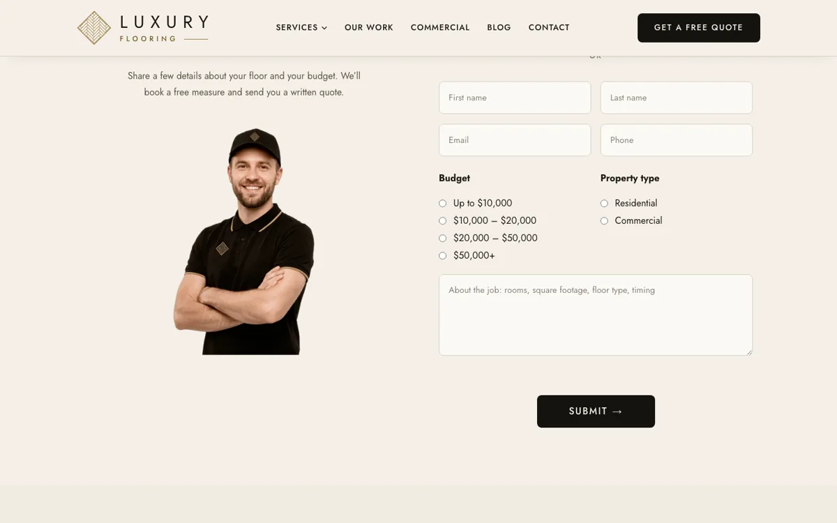 Free quote form with fields for name, email, phone, property type and a description of the job