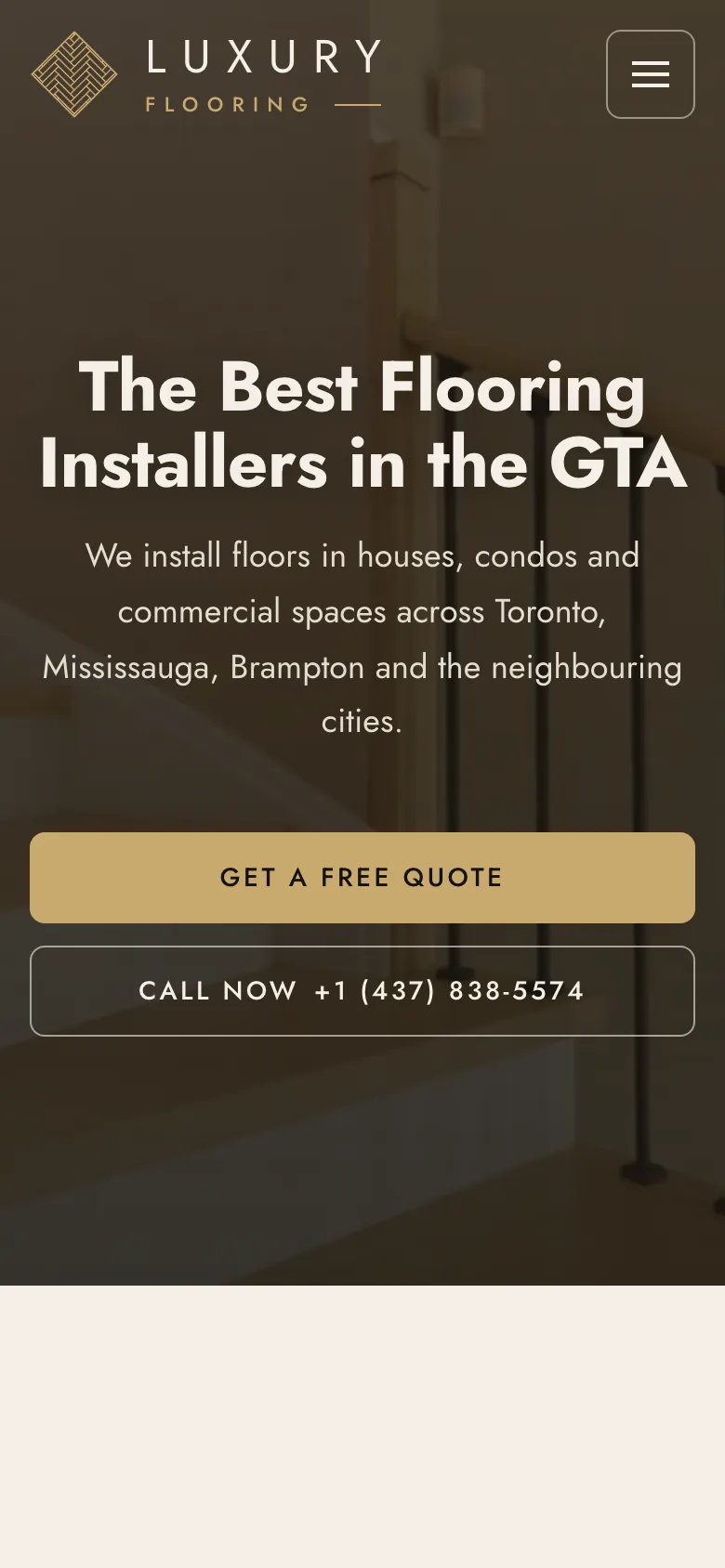 Luxury Flooring home page on a phone screen with large Get a Free Quote and Call Now buttons
