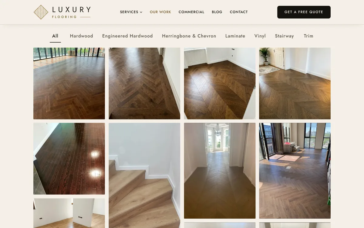 Our Work gallery with filter buttons for each floor type above a grid of finished floor photos