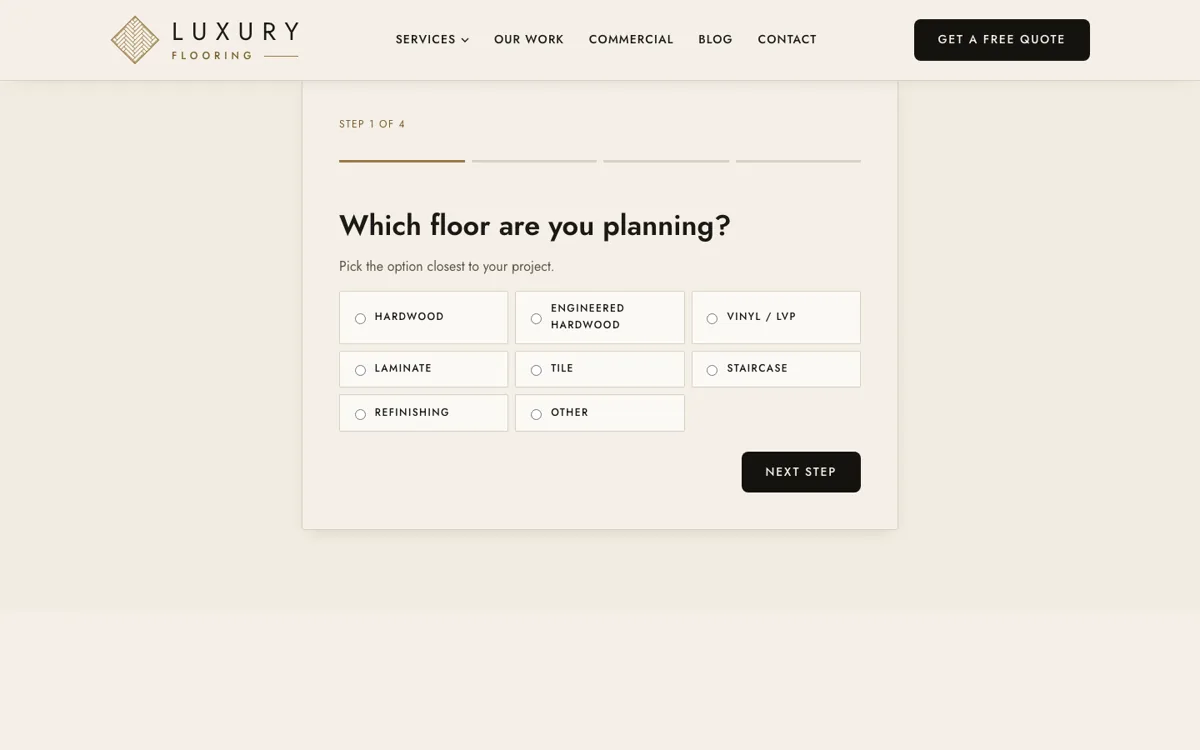 First step of an online flooring estimator asking which floor you are planning, with options from hardwood to staircase