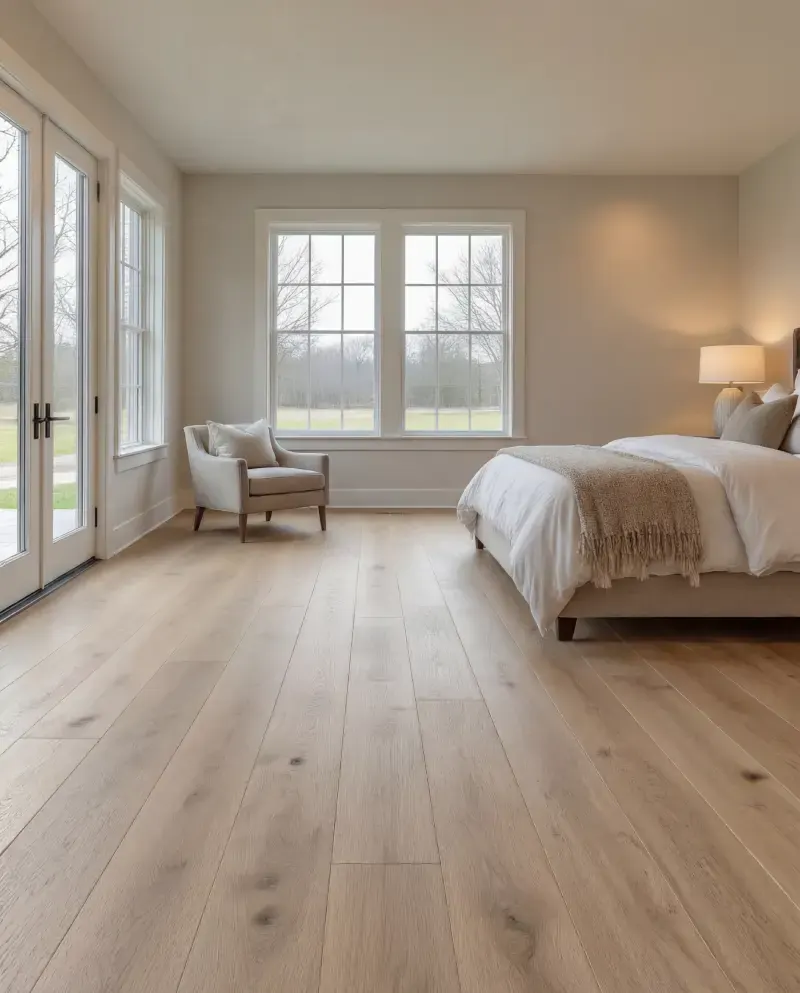 Sunlit bedroom finished in wide pale oak planks