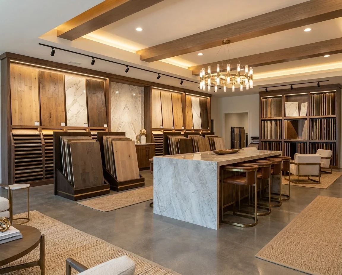 Showroom wall of hardwood and stone flooring samples