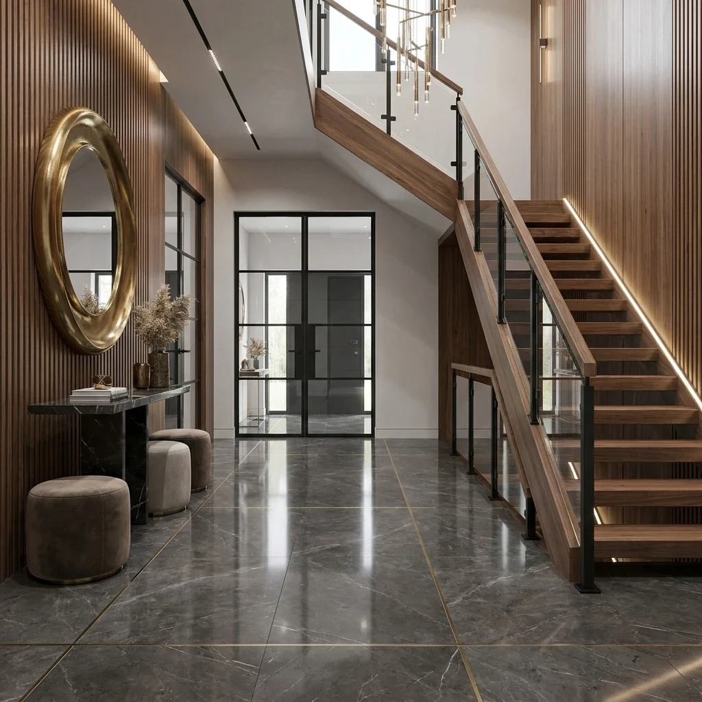 Grey marble-look tile foyer with a walnut open staircase