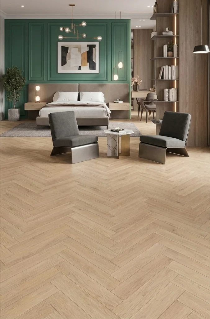 Light herringbone floor in a bedroom with a green panelled wall
