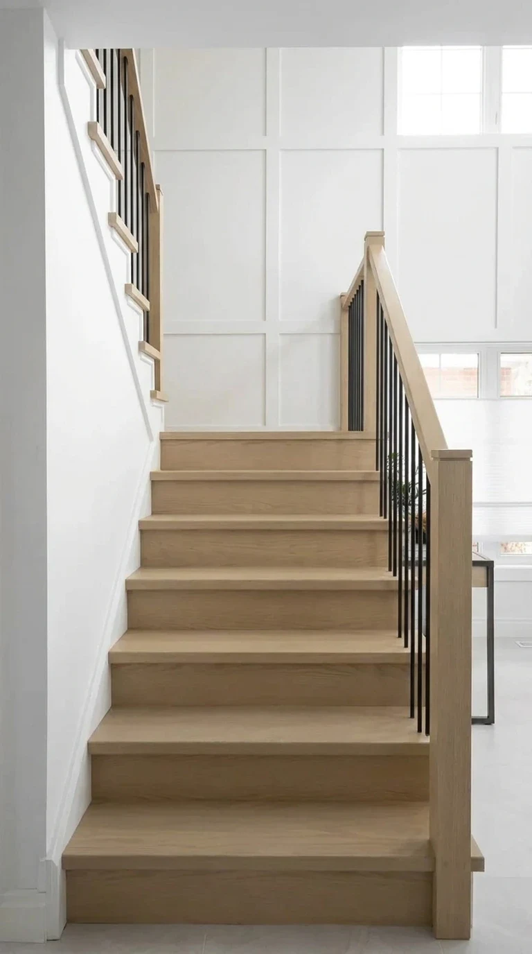 Light oak staircase with black metal spindles
