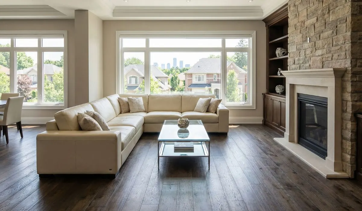 Dark wide-plank floor in a living room with a fireplace