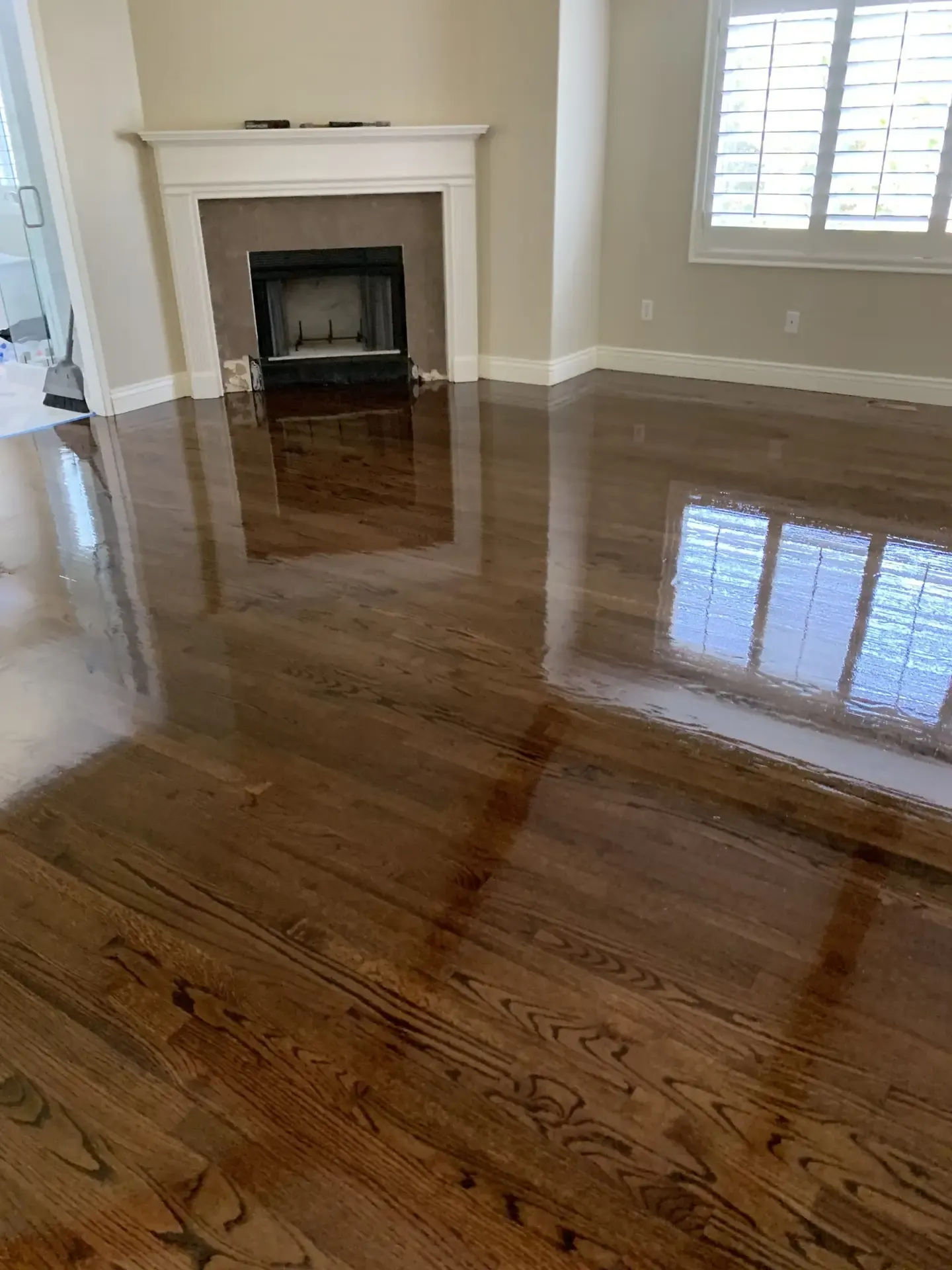 Glossy hardwood floor after refinishing