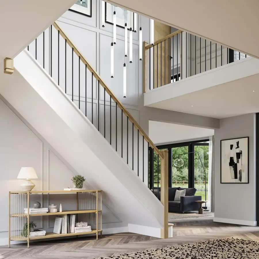 Modern staircase with oak treads and black spindles