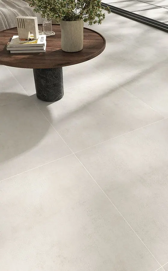 Large-format light porcelain tile floor