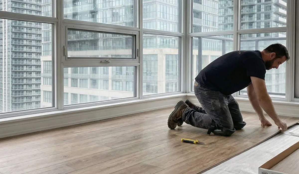Installer fitting wide engineered oak planks in a condo living room